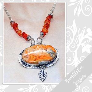 Bumblebee Jasper, Carnelian Large Silver Artisan Necklace 18” Orange, Red-Orange